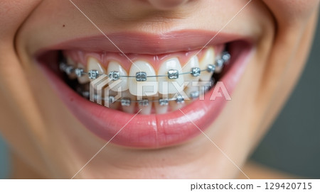Close up of teeth with braces and clear brackets 129420715