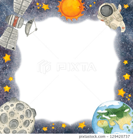 Astronaut, planet Earth, moon, sun and stars fly in outer space, square frame, hand drawn watercolor illustration. Drawing for cards, photo frames, invitations, scrapbooking Astronaut, planet Earth, moon, sun and stars fly in outer space, square frame, hand drawn watercolor illustration. Drawing for cards, photo frames, invitations, scrapbooking 129420737