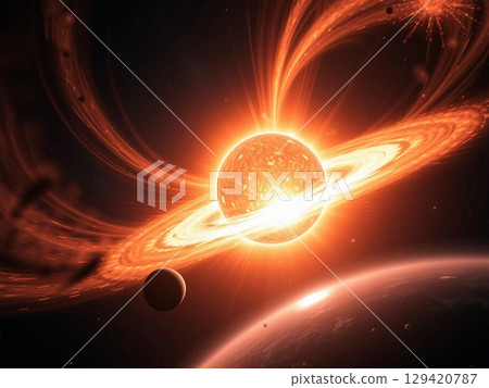 Fiery Stellar System: Planet Orbiting a Radiant, Ringed Sun Fiery Stellar System: Planet Orbiting a Radiant, Ringed Sun 129420787