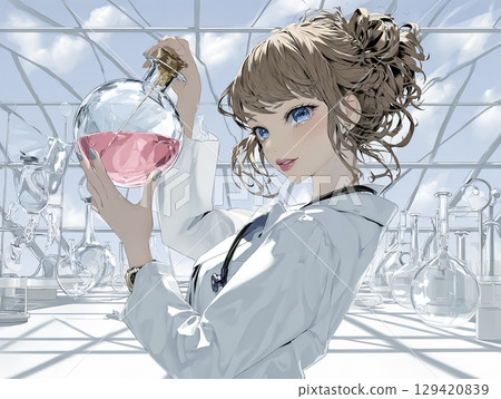 Anime-style illustration of a young female scientist researching artificial blood (medical research, cutting-edge lab) 129420839