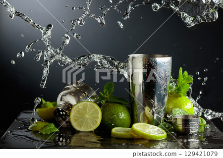Shaker, limes, and fresh mint branches with water splashes in motion. 129421079