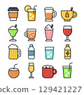 Set of Various Beverage Icons Including Coffee, Tea, Beer, Cocktails, and Soda 129421227