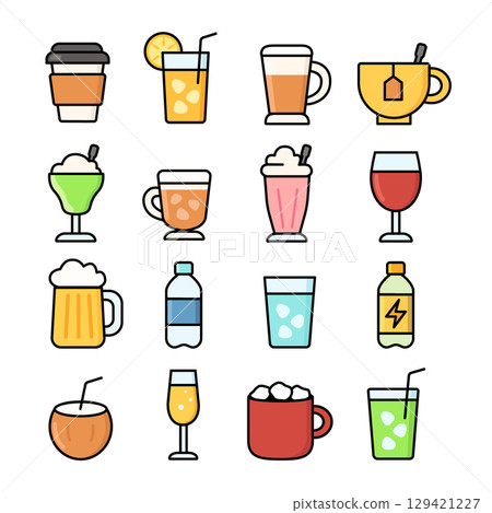 Set of Various Beverage Icons Including Coffee, Tea, Beer, Cocktails, and Soda 129421227