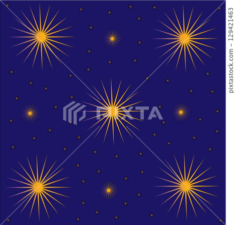 A seamless pattern depicting a stylized night sky with a blue background and yellow stars of varying sizes. Large stars have rays, and small ones are made as dots. This illustration is perfect for bac 129421463