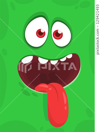 Funny cartoon monster face showing tongue. Illustration of cute and happy monster character. Great for package design or party decoration Funny cartoon monster face showing tongue. Illustration of cute and happy monster character. Great for package design or party decoration 129421493