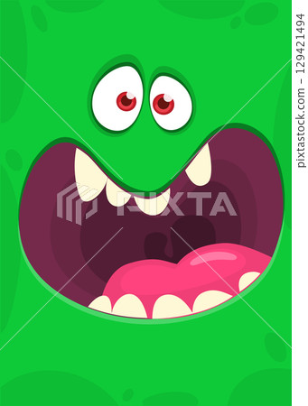 Funny cartoon monster face. Illustration of cute and happy monster expression. Halloween design Funny cartoon monster face. Illustration of cute and happy monster expression. Halloween design 129421494