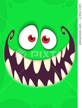 Funny cartoon monster face. Illustration of cute and happy monster expression. Halloween design Funny cartoon monster face. Illustration of cute and happy monster expression. Halloween design 129421495