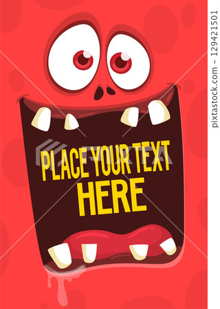 Funny cartoon monster face. Illustration of cute and happy monster expression. Halloween design Funny cartoon monster face. Illustration of cute and happy monster expression. Halloween design 129421501