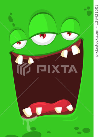 Funny cartoon monster face. Illustration of cute and happy monster expression. Halloween design 129421503