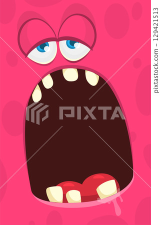Funny cartoon monster face. Illustration of cute and happy monster expression. Halloween design 129421513