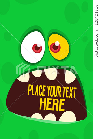 Cartoon monster face with funy expression opened mouth blank space banner for text . Great for package design or party decoration 129421516