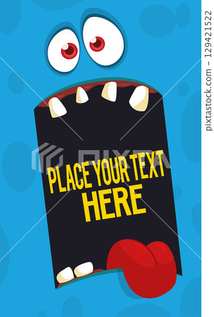 Funny cartoon monster face. Illustration of cute and happy monster expression. Halloween design 129421522
