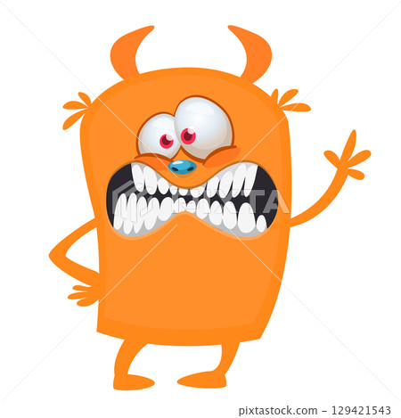 Cartoon cute monster with funny excited face expression waving hands. Vector illustration isolated on white. Halloween design 129421543