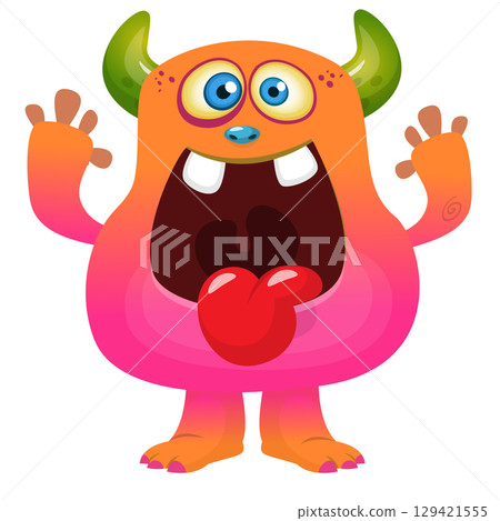 Cartoon cute monster showing long tongue. Vector illustration of alien character. Halloween design Cartoon cute monster showing long tongue. Vector illustration of alien character. Halloween design 129421555