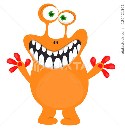 Cartoon cute monster with funny excited face expression waving hands . Vector illustration isolated on white. Halloween design Cartoon cute monster with funny excited face expression waving hands . Vector illustration isolated on white. Halloween design 129421561
