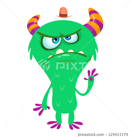Cartoon cute monster with funny excited face expression waving hands. Vector illustration isolated on white. Halloween design 129421579