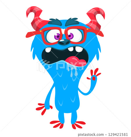 Cartoon cute monster with funny excited face expression waving hands. Vector illustration isolated on white. Halloween design Cartoon cute monster with funny excited face expression waving hands. Vector illustration isolated on white. Halloween design 129421581