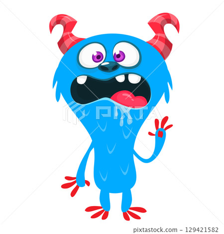 Cartoon cute monster with funny excited face expression waving hands. Vector illustration isolated on white. Halloween design Cartoon cute monster with funny excited face expression waving hands. Vector illustration isolated on white. Halloween design 129421582