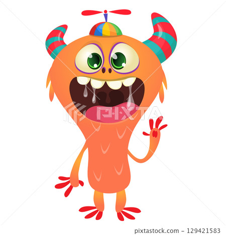 Cartoon cute monster with funny excited face expression waving hands. Vector illustration isolated on white. Halloween design 129421583
