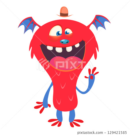 Cartoon cute monster with funny excited face expression waving hands. Vector illustration isolated on white. Halloween design Cartoon cute monster with funny excited face expression waving hands. Vector illustration isolated on white. Halloween design 129421585