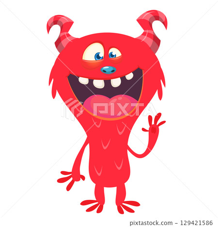 Cartoon cute monster with funny excited face expression waving hands. Vector illustration isolated on white. Halloween design Cartoon cute monster with funny excited face expression waving hands. Vector illustration isolated on white. Halloween design 129421586