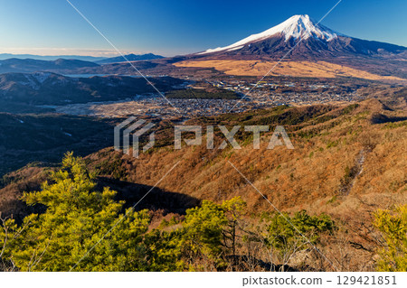從掬子山和輕山之間的裸露岩石上眺望富士山和山中湖 從掬子山和輕山之間的裸露岩石上眺望富士山和山中湖 129421851