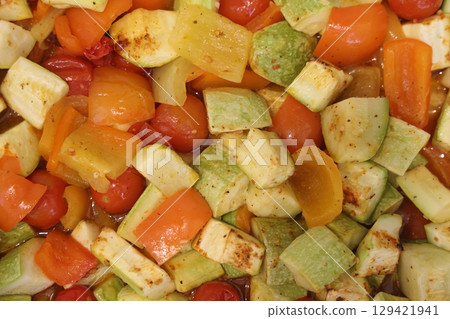 vegetable stew, eggplant, onion, zucchini, landscape top view, flat lay. vegetable stew, eggplant, onion, zucchini, landscape top view, flat lay. 129421941