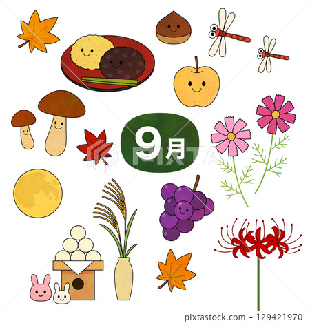 九月季節線描插畫集（秋季美食、花卉、賞月） 129421970