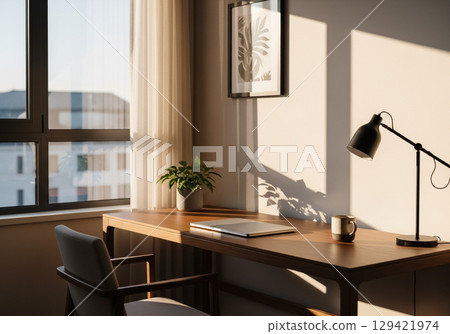 Minimal Home Office Desk with Laptop and Coffee Mug in Sunlight Minimal Home Office Desk with Laptop and Coffee Mug in Sunlight 129421974