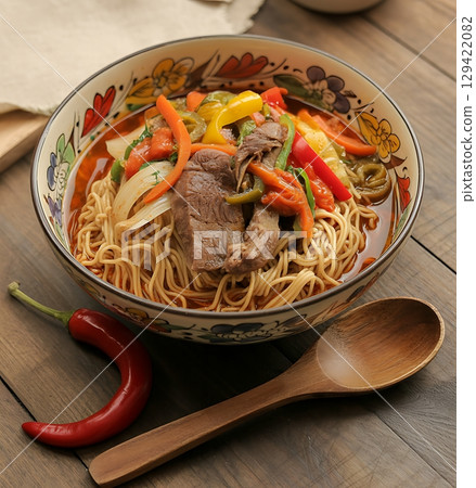 Savory Beef and Vegetable Stir-Fry Noodle Bowl in Decorative Ceramic Dish 129422082