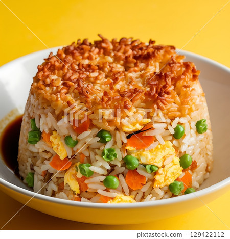 Vibrant Molded Fried Rice with Crispy Crown, Green Peas and Scrambled Eggs 129422112
