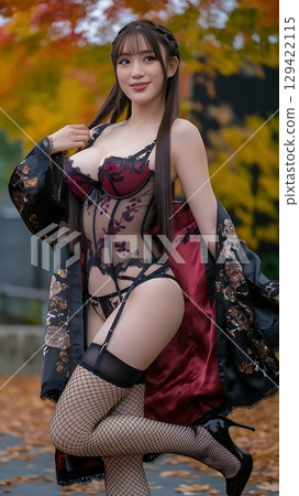 Woman in elegant floral lingerie with a black robe in autumn outdoors. Woman in elegant floral lingerie with a black robe in autumn outdoors. 129422115