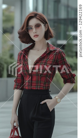 Confident woman in plaid shirt and black pants with red handbag outdoors 129422169