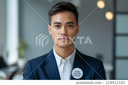 Professional Young Man in Navy Suit with Cybersecurity Course Badge in Modern Office Professional Young Man in Navy Suit with Cybersecurity Course Badge in Modern Office 129422183