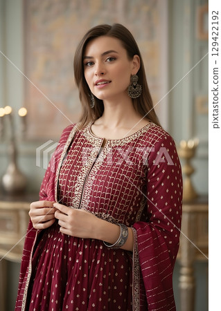 Woman in traditional red dress with intricate gold embroidery, elegant portrait. 129422192