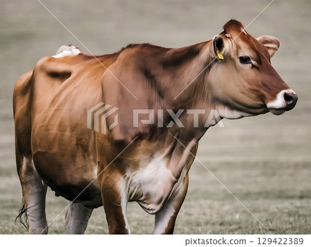 Jersey Cow Standing in Profile Against Neutral Background Jersey Cow Standing in Profile Against Neutral Background 129422389