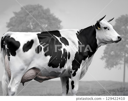 Black and White Holstein Dairy Cow Standing in Misty Field Black and White Holstein Dairy Cow Standing in Misty Field 129422410