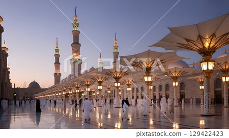 Illuminated Minarets of Al-Masjid an-Nabawi at Dusk 129422423