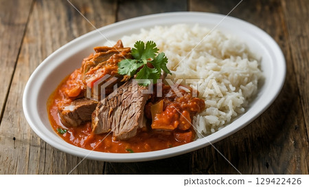 Hearty Beef Stew with White Rice on Rustic Table 129422426