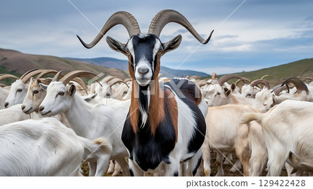 Majestic Horned Goat Leading Mountain Herd on Hillside 129422428