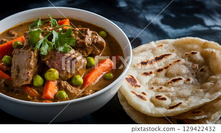 Traditional Lamb Stew with Vegetables and Soft Roti Flatbread 129422432