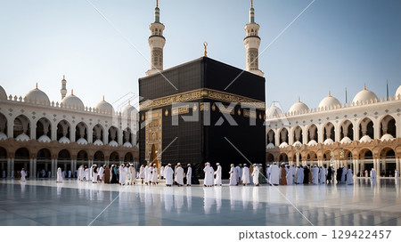 Kaaba in Mecca Surrounded by White Marble Courtyard 129422457