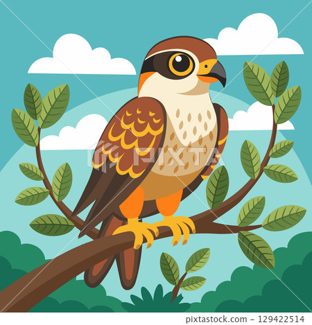 Cute falcon bird sitting on a branch in the forest. Flat style illustration. Cute falcon bird sitting on a branch in the forest. Flat style illustration. 129422514