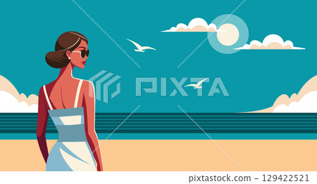 Beautiful woman in sunglasses on the beach. Illustration. 129422521