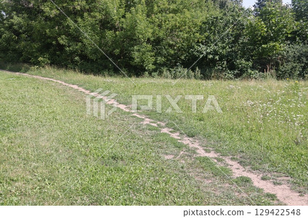 People walking on a trail in an open green field. 129422548