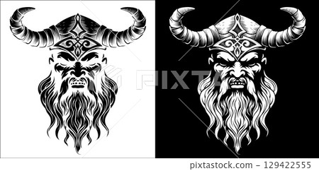 Viking Warrior Man Strong Mascot Face in Helmet 129422555