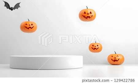 Minimal Halloween mockup with floating pumpkin heads and clean white podium. Great for modern seasonal product presentations. 129422786