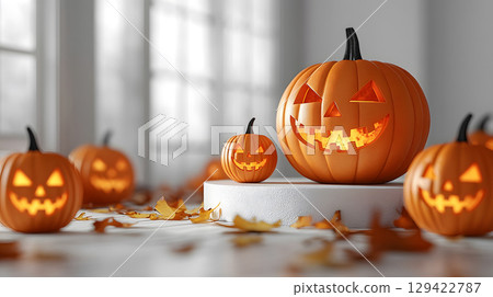 Minimal Halloween mockup with floating pumpkin heads and clean white podium. Great for modern seasonal product presentations. 129422787