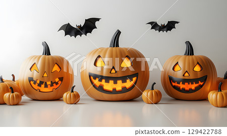 Minimal Halloween mockup with floating pumpkin heads and clean white podium. Great for modern seasonal product presentations. Minimal Halloween mockup with floating pumpkin heads and clean white podium. Great for modern seasonal product presentations. 129422788