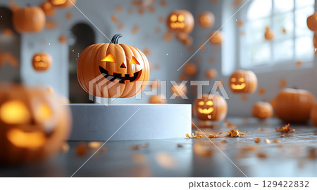 Minimal Halloween mockup with floating pumpkin heads and clean white podium. Great for modern seasonal product presentations. 129422832